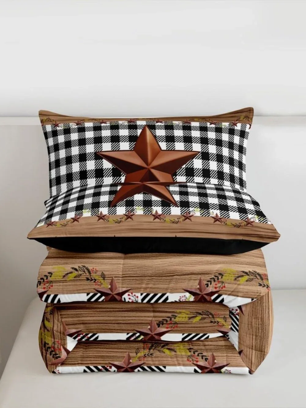 Western Texas Star Comforter Set Queen, Farmhouse Black Plaid Bedding, Brown Vin